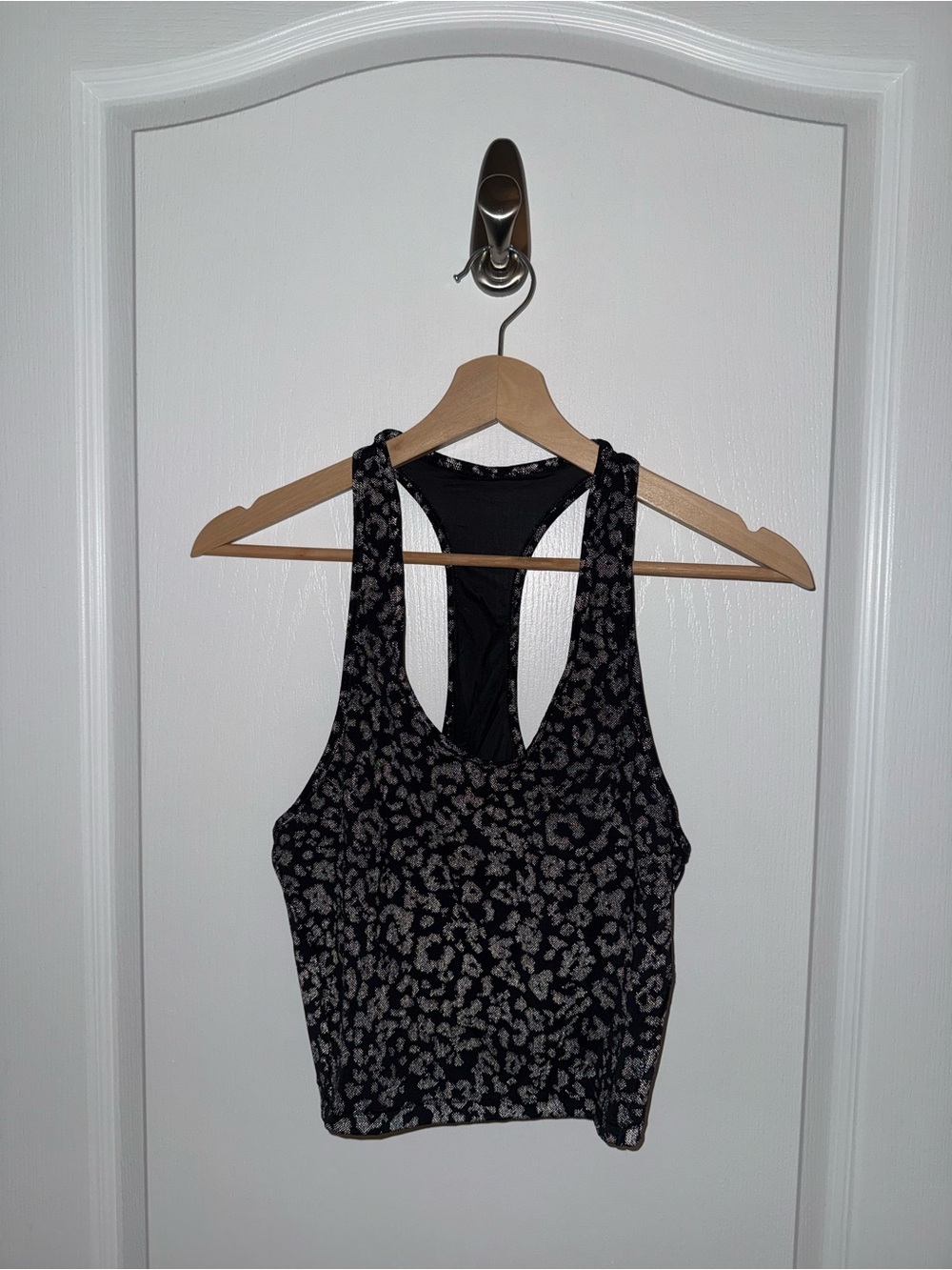 Athleta Black and Gray Leopard-Print Racerback Crop Tank